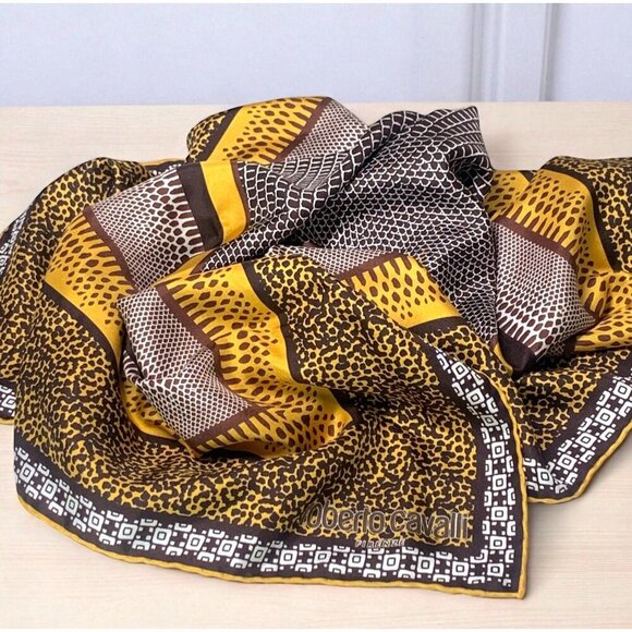 Roberto Cavalli Designer Silk Square Scarf Animal Print Gold Brown 34"x34" - Picture 2 of 10